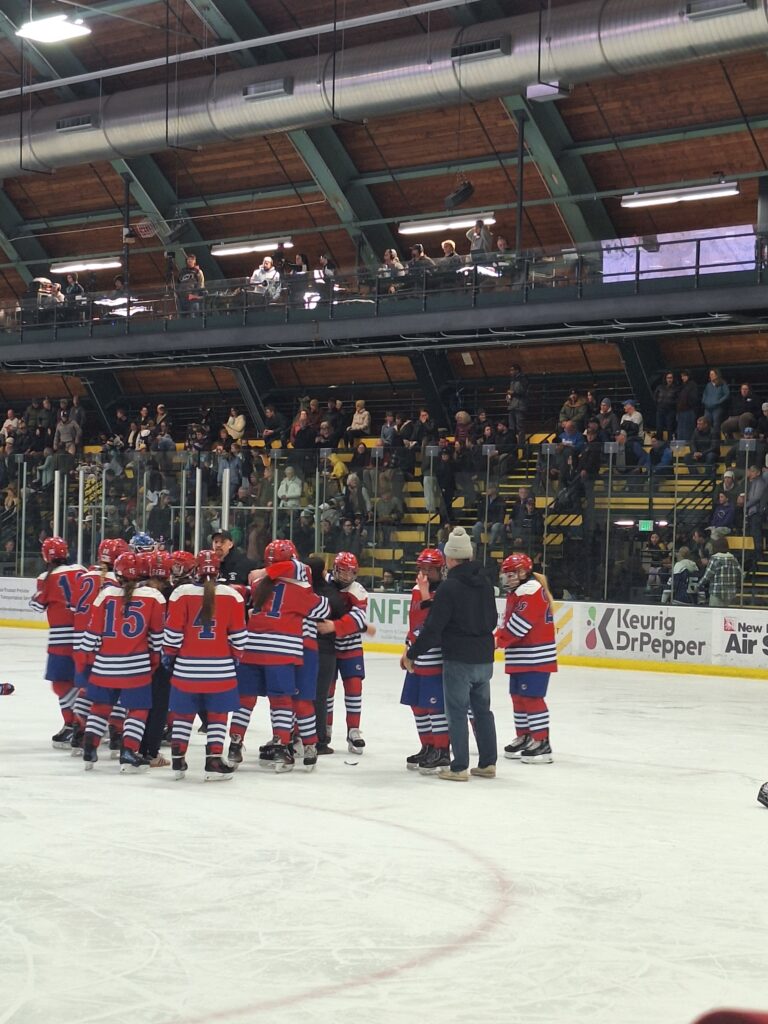 Hockey players in a huddle