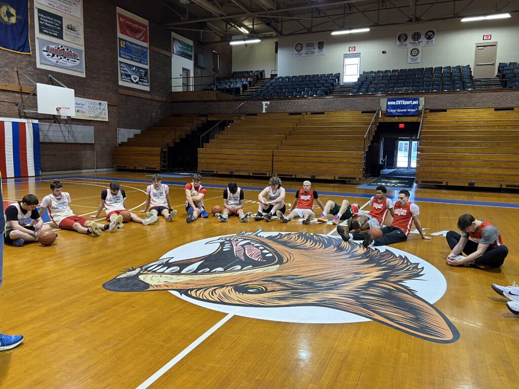 Basketball players sitting on court